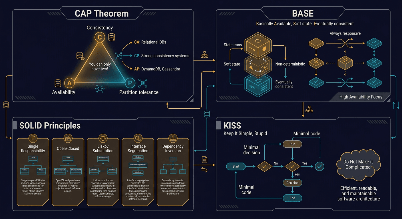 CAP, BASE, SOLID, KISS, What do these acronyms mean diagram