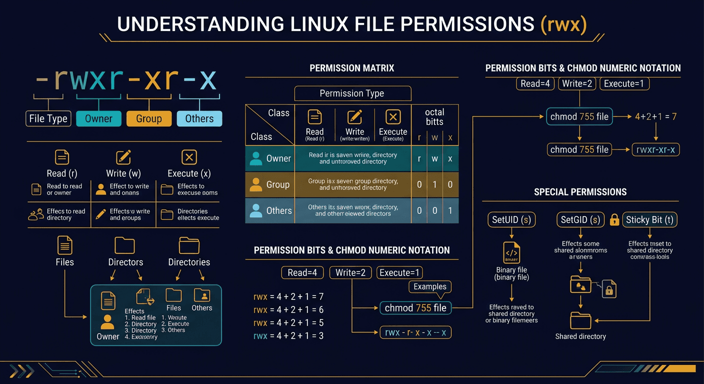 Linux file permission illustrated​To understand Linux file permissions, we need to understand Ownership and Permission diagram