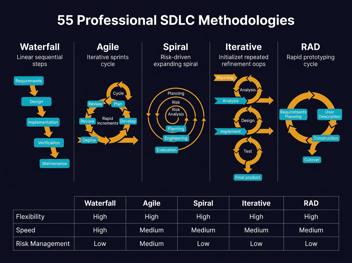 Iterative, Agile, Waterfall, Spiral Model, RAD Model... What are the differences diagram