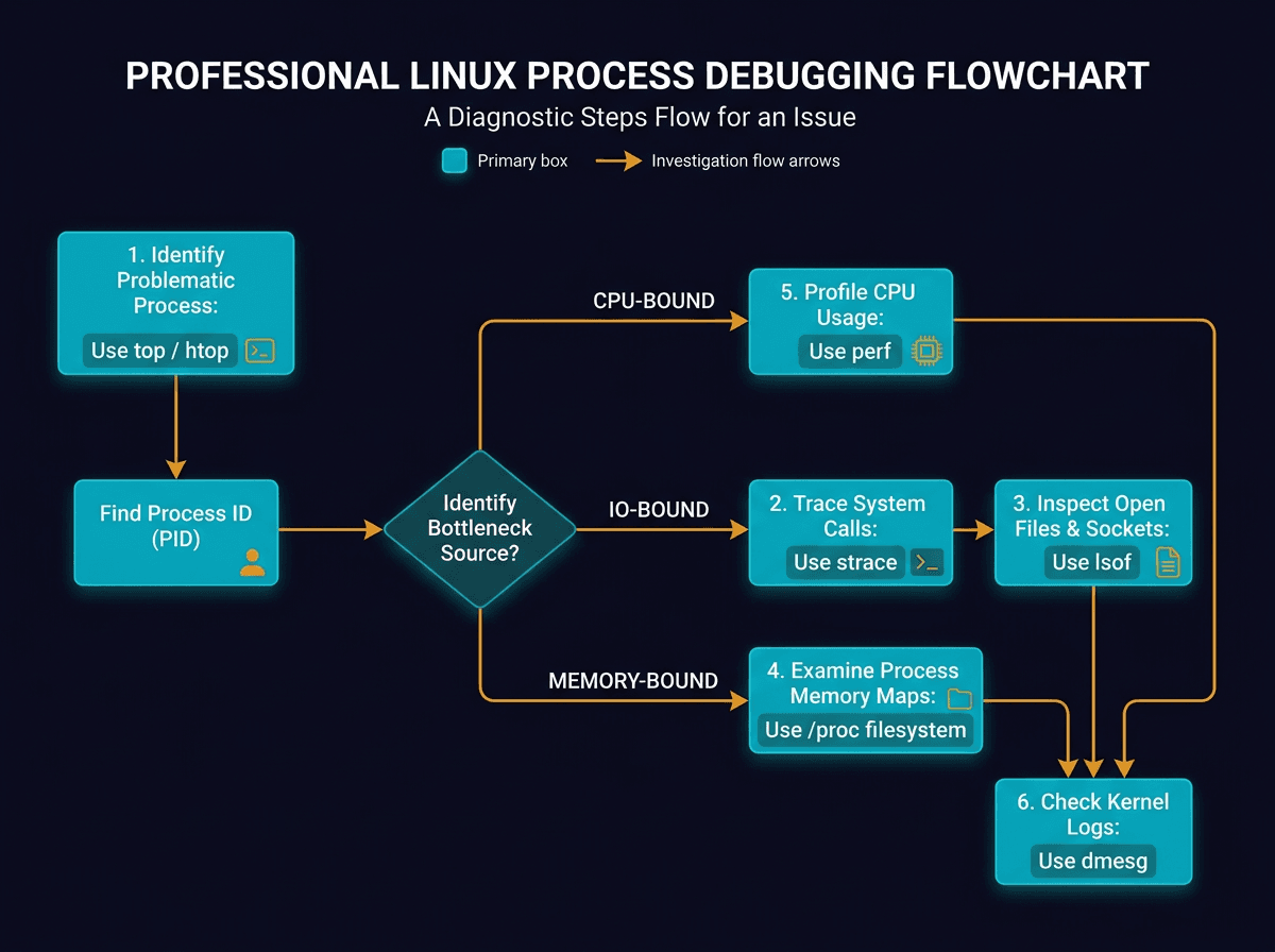 Popular interview question: how to diagnose a mysterious process that’s taking too much CPU, memory, IO, etc diagram