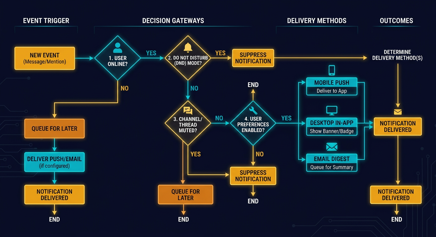 Flowchart of how slack decides to send a notification - System Design