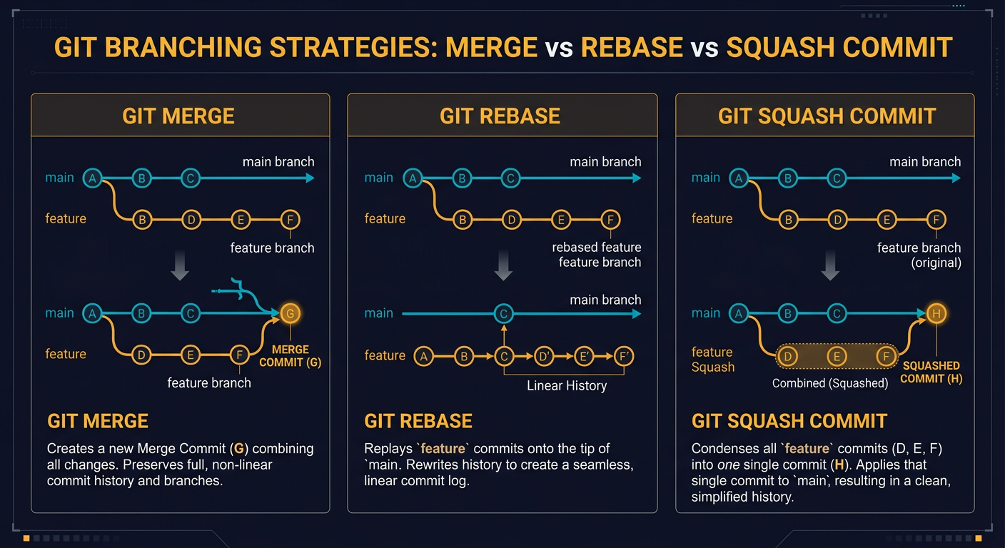 Git Merge vs. Rebase vs.Squash Commit - System Design